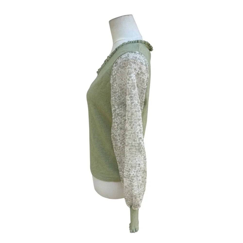 Siani Milano Sweater Sage Green Lace Sleeve Ruffle V-Neck Boho Cottagecore Small